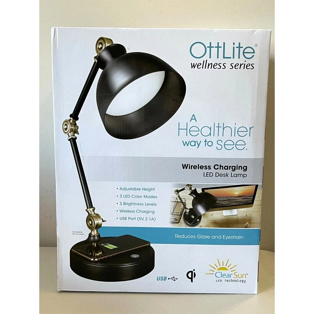 OttLite LED Desk Lamp Wireless Charging USB 3 Color Modes Eye Care Light NEW